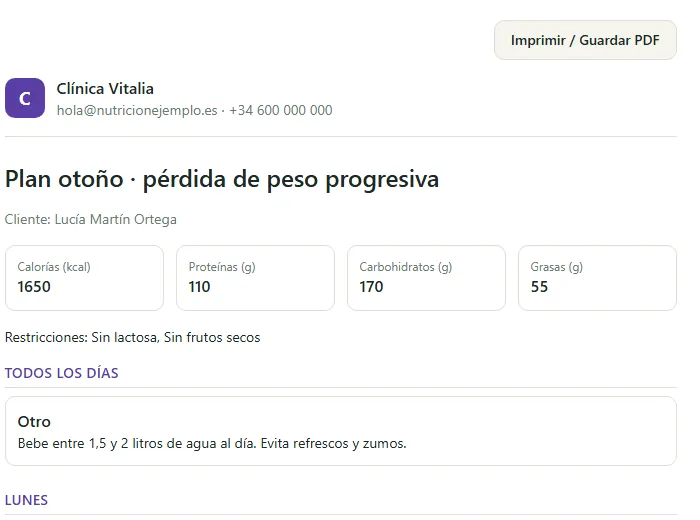 Plan nutricional imprimible con la marca «Clínica Vitalia»: logo, nombre y títulos en su color.