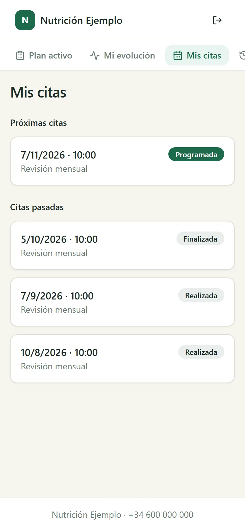 Portal del paciente: próxima cita de revisión mensual y citas pasadas.